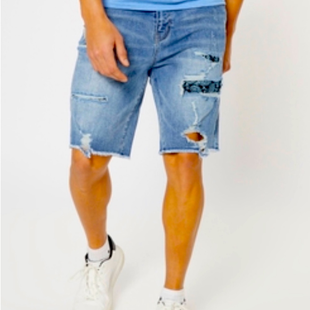 Medium Wash Ripped Repaired Bandana Backed Shorts
